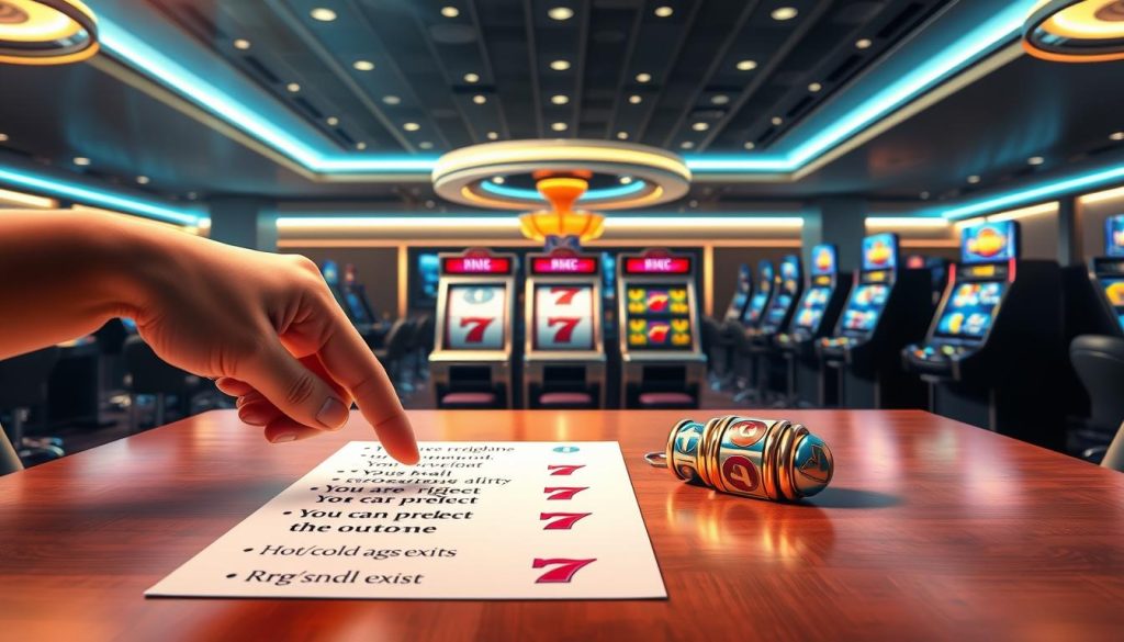A brightly lit, detailed illustration of a table displaying various myths about online slot machines and random number generators (RNG) being debunked. The foreground features a hand pointing to a list of common misconceptions, such as "Slots are rigged," "You can predict the outcome," and "Hot/cold streaks exist." The middle ground showcases 3D renderings of slot machine components, like spinning reels and RNG modules, emphasizing their true random and fair nature. The background depicts a sleek, modern casino interior with elegant lighting and minimalist decor, creating a sense of authority and credibility. The overall mood is educational and informative, inviting the viewer to learn the facts about online slot machine mechanics. A brightly lit, detailed illustration of a table displaying various myths about online slot machines and random number generators (RNG) being debunked. The foreground features a hand pointing to a list of common misconceptions, such as "Slots are rigged," "You can predict the outcome," and "Hot/cold streaks exist." The middle ground showcases 3D renderings of slot machine components, like spinning reels and RNG modules, emphasizing their true random and fair nature. The background depicts a sleek, modern casino interior with elegant lighting and minimalist decor, creating a sense of authority and credibility. The overall mood is educational and informative, inviting the viewer to learn the facts about online slot machine mechanics.