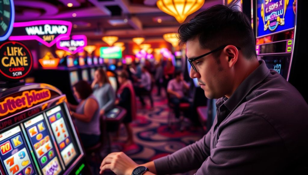 A bustling casino floor, dimly lit with neon lights casting an inviting glow. In the foreground, a player sits at a slot machine, eyes focused intently on the spinning reels, fingers poised to strike the button at the perfect moment. The machine's display flashes with bold, colorful graphics, hinting at the potential for big payouts. In the middle ground, other players mill about, some cheering, others deep in concentration. The background is filled with the sounds of jingling coins, ringing bells, and the occasional triumphant shout, creating an atmosphere of excitement and anticipation. The lighting is dramatic, casting long shadows and highlighting the player's intense expression, conveying the thrill of maximizing slot bonuses and the promise of lucrative rewards.
