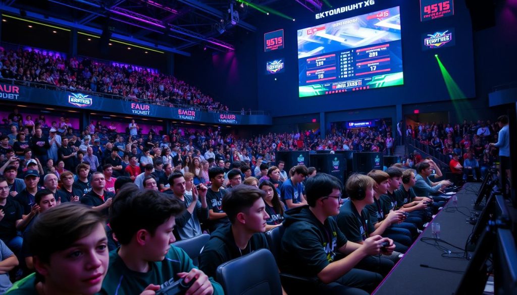 A bustling esports arena, the stage bathed in vibrant neon lights. In the foreground, a group of young gamers, faces alight with concentration, fingers flying across their controllers. Spectators fill the stands, cheering passionately, their energy palpable. The middle ground reveals a diverse audience, from casual fans to professional coaches, all captivated by the intense competition unfolding before them. In the background, a towering digital scoreboard displays the real-time scores, underscoring the high stakes of the event. The atmosphere crackles with a sense of excitement and purpose, as these young competitors strive to prove their mettle on the global esports stage. A bustling esports arena, the stage bathed in vibrant neon lights. In the foreground, a group of young gamers, faces alight with concentration, fingers flying across their controllers. Spectators fill the stands, cheering passionately, their energy palpable. The middle ground reveals a diverse audience, from casual fans to professional coaches, all captivated by the intense competition unfolding before them. In the background, a towering digital scoreboard displays the real-time scores, underscoring the high stakes of the event. The atmosphere crackles with a sense of excitement and purpose, as these young competitors strive to prove their mettle on the global esports stage.