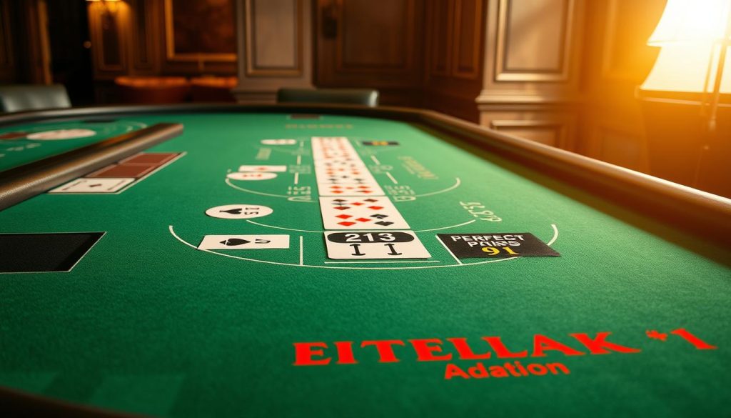 A casino gaming table with a green felt surface, the center of which features a variety of blackjack side bet options. Crisp, high-resolution imagery showcases the various side bets such as 21+3, Perfect Pairs, and Royal Match, each with their own unique payouts and odds. The table is surrounded by elegant, wood-paneled walls, and the lighting is warm and inviting, creating a luxurious, high-end atmosphere. The overall composition emphasizes the strategic analysis and decision-making process involved in evaluating the value and risk of blackjack side bets. A casino gaming table with a green felt surface, the center of which features a variety of blackjack side bet options. Crisp, high-resolution imagery showcases the various side bets such as 21+3, Perfect Pairs, and Royal Match, each with their own unique payouts and odds. The table is surrounded by elegant, wood-paneled walls, and the lighting is warm and inviting, creating a luxurious, high-end atmosphere. The overall composition emphasizes the strategic analysis and decision-making process involved in evaluating the value and risk of blackjack side bets.