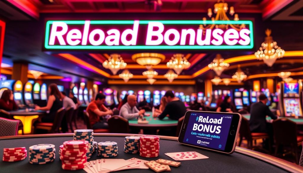 A casino interior with a large neon sign showcasing "Reload Bonuses" in vibrant colors, illuminating the dimly lit room. In the foreground, a table features stacks of casino chips, playing cards, and a smartphone displaying a casino's reload bonus offer. The middle ground captures the activity of patrons engaged in various table games, creating an atmosphere of excitement and anticipation. The background features a panoramic view of the casino floor, with slot machines, chandeliers, and the faint silhouettes of other gaming tables, all bathed in a warm, inviting glow.