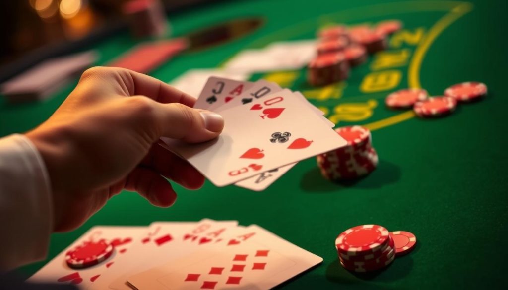 A close-up shot of a hand holding casino chips and cards, set against a backdrop of a green felt blackjack table. The player's face is not visible, but their focus is on the cards and betting options laid out before them. Soft, warm lighting casts an inviting glow, creating a sense of anticipation and strategy. The image should convey the intricacies of side bets in blackjack, highlighting the potential risks and rewards of this specialized gameplay. A close-up shot of a hand holding casino chips and cards, set against a backdrop of a green felt blackjack table. The player's face is not visible, but their focus is on the cards and betting options laid out before them. Soft, warm lighting casts an inviting glow, creating a sense of anticipation and strategy. The image should convey the intricacies of side bets in blackjack, highlighting the potential risks and rewards of this specialized gameplay.
