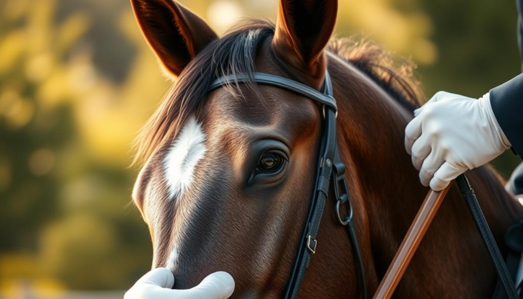 A close-up view of a horse's head and neck, with the rider's hands and riding crop visible in the foreground. The horse's eye and ear are in sharp focus, revealing the intense concentration and power of the animal. The background is blurred, creating a sense of depth and emphasizing the horse's form. The lighting is warm and natural, casting a gentle glow on the horse's coat. The overall atmosphere conveys the careful analysis and attention to detail required in evaluating a horse's physical condition and readiness for competition.