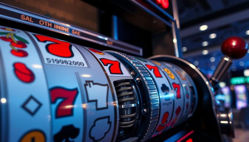 A close-up view of the internal mechanics of a modern online casino slot machine. The foreground depicts the spinning reels, each emblazoned with classic slot symbols like cherries, bars, and 7s. The middle ground showcases the intricate gears, springs, and microchips that power the machine's random number generator, responsible for determining the outcomes. The background features a sleek, minimalist casino interior with subtle lighting and a sense of anticipation. The overall mood is one of technological sophistication and the thrill of the spin, inviting the viewer to imagine the potential rewards and excitement of playing this quintessential casino game. A close-up view of the internal mechanics of a modern online casino slot machine. The foreground depicts the spinning reels, each emblazoned with classic slot symbols like cherries, bars, and 7s. The middle ground showcases the intricate gears, springs, and microchips that power the machine's random number generator, responsible for determining the outcomes. The background features a sleek, minimalist casino interior with subtle lighting and a sense of anticipation. The overall mood is one of technological sophistication and the thrill of the spin, inviting the viewer to imagine the potential rewards and excitement of playing this quintessential casino game.