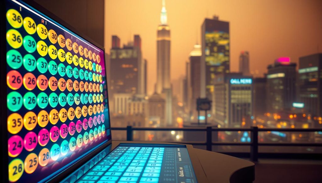 A colorful visual display of past winning lottery numbers, illuminated by a soft, warm lighting that creates a sense of mystery and anticipation. The foreground features a large, glass-encased board showcasing a grid of numbered balls, each one glowing with an ethereal luminescence. The middle ground depicts a sleek, modern interface with interactive controls, allowing the viewer to explore and analyze the data. In the background, a hazy, out-of-focus cityscape sets the scene, evoking the thrill and allure of the urban lottery experience. The overall atmosphere is one of intrigue and possibility, inviting the viewer to delve deeper into the patterns and trends that may hold the key to unlocking future winnings. A colorful visual display of past winning lottery numbers, illuminated by a soft, warm lighting that creates a sense of mystery and anticipation. The foreground features a large, glass-encased board showcasing a grid of numbered balls, each one glowing with an ethereal luminescence. The middle ground depicts a sleek, modern interface with interactive controls, allowing the viewer to explore and analyze the data. In the background, a hazy, out-of-focus cityscape sets the scene, evoking the thrill and allure of the urban lottery experience. The overall atmosphere is one of intrigue and possibility, inviting the viewer to delve deeper into the patterns and trends that may hold the key to unlocking future winnings.