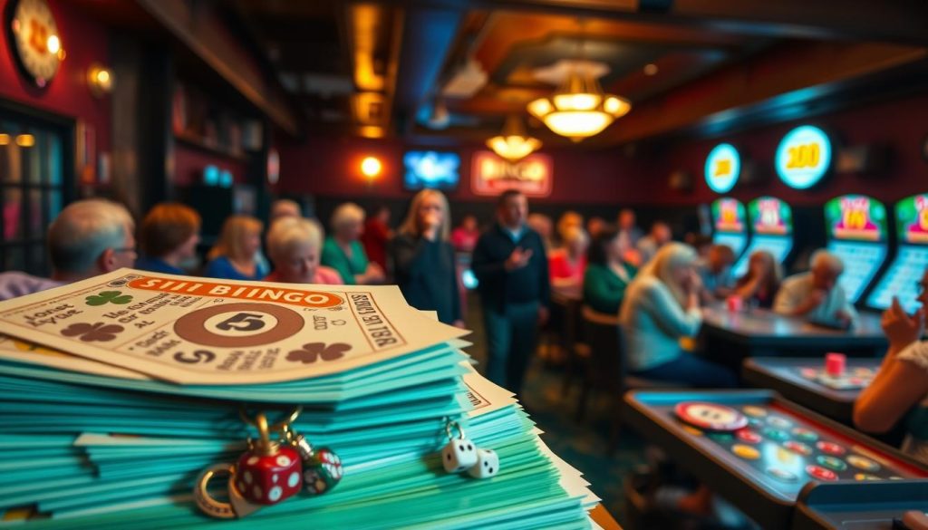 A cozy bingo hall, dimly lit with warm overhead lighting casting a soft glow. In the foreground, a stack of colorful bingo cards and an assortment of lucky charms like four-leaf clovers, horseshoes, and dice. The middle ground features a group of attentive new players, listening intently as an experienced bingo caller provides tips on strategies and etiquette. In the background, the bustling atmosphere of the bingo game is visible, with players eagerly marking their cards and cheering at each number drawn. The scene evokes a sense of community, anticipation, and the thrill of the game. A cozy bingo hall, dimly lit with warm overhead lighting casting a soft glow. In the foreground, a stack of colorful bingo cards and an assortment of lucky charms like four-leaf clovers, horseshoes, and dice. The middle ground features a group of attentive new players, listening intently as an experienced bingo caller provides tips on strategies and etiquette. In the background, the bustling atmosphere of the bingo game is visible, with players eagerly marking their cards and cheering at each number drawn. The scene evokes a sense of community, anticipation, and the thrill of the game.