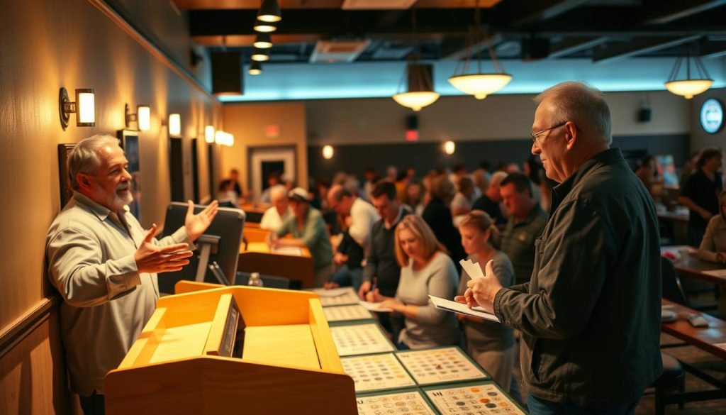 A cozy, well-lit bingo hall with soft, warm lighting and a lively atmosphere. In the foreground, a friendly bingo caller stands at a podium, gesturing enthusiastically as they guide new players through the basics of the game. The middle ground features a group of engaged players, their faces lit with anticipation as they mark their cards, while the background showcases rows of bingo tables and a bustling crowd enjoying the excitement of the evening. The overall scene conveys a sense of community, fun, and the welcoming spirit of a beginner-friendly bingo experience.
