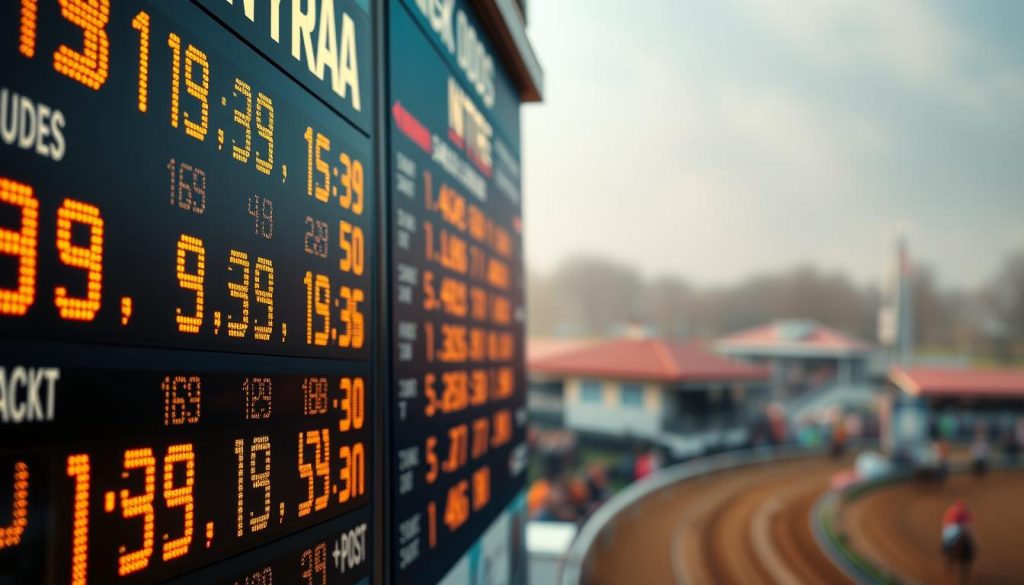 A detailed closeup view of a racetrack odds board displaying the current betting odds for a NYRA (New York Racing Association) horse race. The board is illuminated by bright, warm lighting, casting a vibrant glow on the constantly fluctuating numbers. The foreground features the bold, easily readable odds figures, while the middle ground shows the tote board displaying the horse names and post positions. The background is a blurred, atmospheric depiction of the bustling racetrack, with the grandstand and paddock areas visible in the distance. The scene conveys the excitement and anticipation of the upcoming race, as bettors eagerly scrutinize the odds in search of potential payouts. A detailed closeup view of a racetrack odds board displaying the current betting odds for a NYRA (New York Racing Association) horse race. The board is illuminated by bright, warm lighting, casting a vibrant glow on the constantly fluctuating numbers. The foreground features the bold, easily readable odds figures, while the middle ground shows the tote board displaying the horse names and post positions. The background is a blurred, atmospheric depiction of the bustling racetrack, with the grandstand and paddock areas visible in the distance. The scene conveys the excitement and anticipation of the upcoming race, as bettors eagerly scrutinize the odds in search of potential payouts.