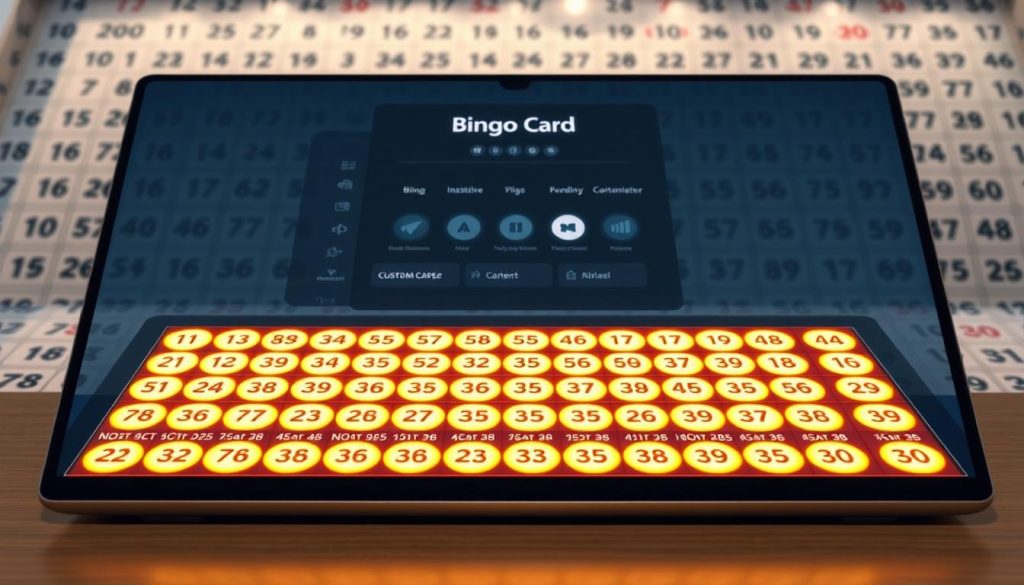 A digital bingo card pattern generator displayed on a sleek, modern desktop. The foreground features a grid of interconnected bingo numbers, each glowing with a distinct luminous quality. The middle ground showcases intuitive controls and customization options, allowing the user to tailor the pattern with ease. In the background, a subtly blurred array of traditional bingo cards provides context, hinting at the versatility of this digital tool. The lighting is soft and diffused, creating a sense of depth and elegance. The camera angle is slightly elevated, giving the viewer a bird's-eye perspective of the generator's capabilities. A digital bingo card pattern generator displayed on a sleek, modern desktop. The foreground features a grid of interconnected bingo numbers, each glowing with a distinct luminous quality. The middle ground showcases intuitive controls and customization options, allowing the user to tailor the pattern with ease. In the background, a subtly blurred array of traditional bingo cards provides context, hinting at the versatility of this digital tool. The lighting is soft and diffused, creating a sense of depth and elegance. The camera angle is slightly elevated, giving the viewer a bird's-eye perspective of the generator's capabilities.