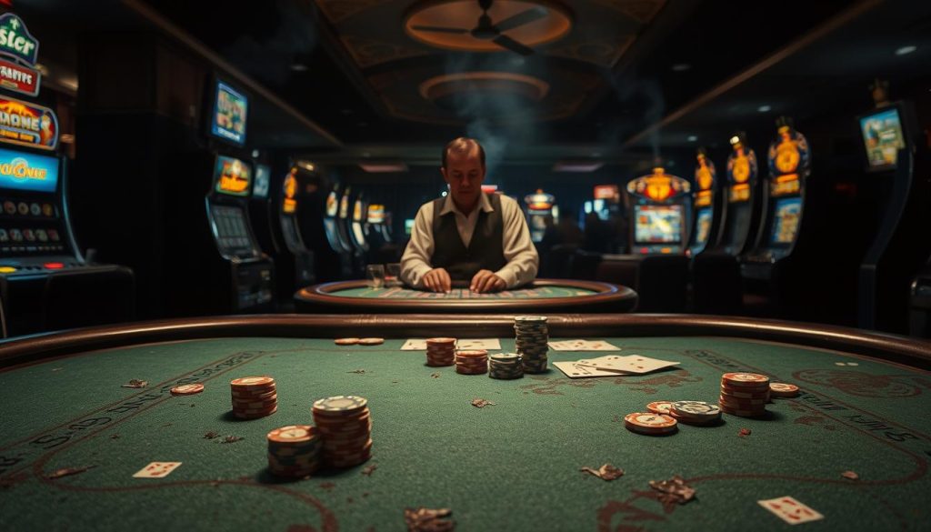 A dimly lit casino interior, the air thick with the scent of cigarette smoke and the sound of slot machines chiming. In the foreground, a worn and weathered gaming table, its green felt stained with the remnants of past wagers. Scattered across the table, a stack of casino chips, a pair of dice, and a deck of cards, all casting long shadows under the harsh, tungsten-tinted lighting. In the middle ground, a croupier in a crisp white shirt and black vest, their face obscured, methodically dealing cards, the house edge ever-present. In the background, a sea of blinking lights, the silhouettes of patrons hunched over slot machines, oblivious to the odds stacked against them. An atmosphere of chance, risk, and the lure of easy money, tempered by the cold, unforgiving mathematics that underpins the casino's success. A dimly lit casino interior, the air thick with the scent of cigarette smoke and the sound of slot machines chiming. In the foreground, a worn and weathered gaming table, its green felt stained with the remnants of past wagers. Scattered across the table, a stack of casino chips, a pair of dice, and a deck of cards, all casting long shadows under the harsh, tungsten-tinted lighting. In the middle ground, a croupier in a crisp white shirt and black vest, their face obscured, methodically dealing cards, the house edge ever-present. In the background, a sea of blinking lights, the silhouettes of patrons hunched over slot machines, oblivious to the odds stacked against them. An atmosphere of chance, risk, and the lure of easy money, tempered by the cold, unforgiving mathematics that underpins the casino's success.