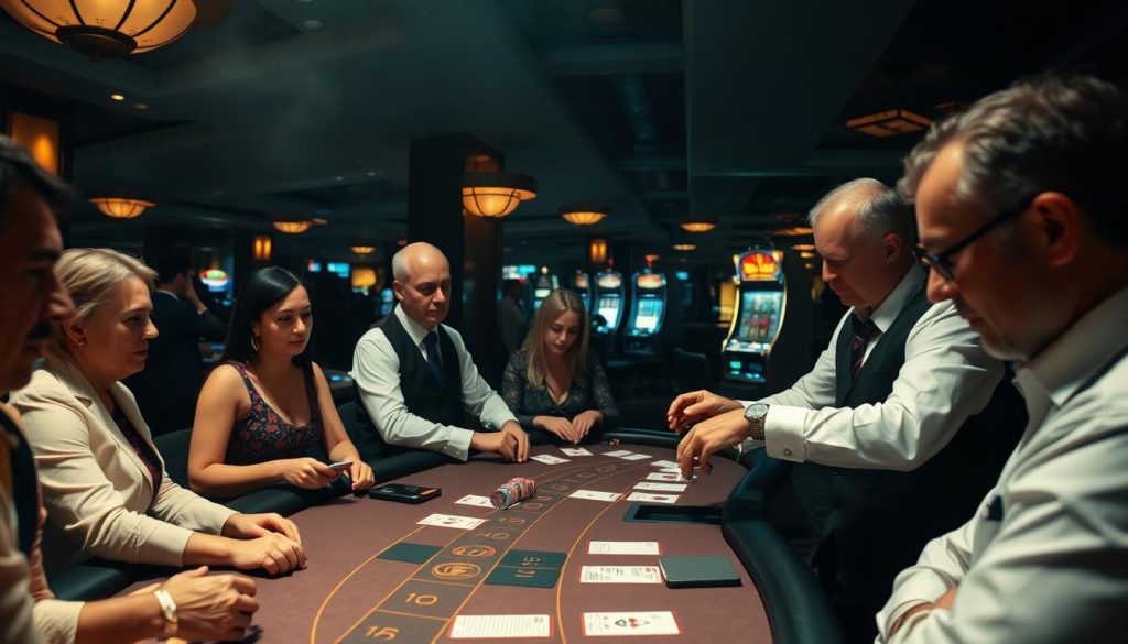 A dimly lit casino interior, the air thick with the scent of smoke and the hum of slot machines. At the center of the scene, a blackjack table is illuminated by soft, warm lighting, inviting players to try their luck. A group of well-dressed patrons are engaged in the game, their faces a mix of concentration and excitement as they study their cards and make decisions. The dealer, dressed in a crisp, white shirt and black vest, shuffles the deck with practiced hands, ready to deal the next round. In the background, the faint glow of other gaming tables and the occasional flash of a winning slot machine add to the palpable energy of the casino environment.