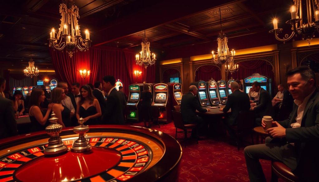 A dimly lit casino interior, with plush velvet curtains and chandeliers casting a warm glow. In the foreground, a group of well-dressed patrons gathered around a vintage roulette table, their faces alight with anticipation as the wheel spins. The middle ground features a row of classic slot machines, their vibrant lights and sounds creating an immersive atmosphere. In the background, a high-stakes poker game is underway, the players' expressions intense as they scrutinize their cards. The overall scene conveys a sense of luxurious escapism, a tactile and sensory experience that evokes the allure of traditional gambling. A dimly lit casino interior, with plush velvet curtains and chandeliers casting a warm glow. In the foreground, a group of well-dressed patrons gathered around a vintage roulette table, their faces alight with anticipation as the wheel spins. The middle ground features a row of classic slot machines, their vibrant lights and sounds creating an immersive atmosphere. In the background, a high-stakes poker game is underway, the players' expressions intense as they scrutinize their cards. The overall scene conveys a sense of luxurious escapism, a tactile and sensory experience that evokes the allure of traditional gambling.