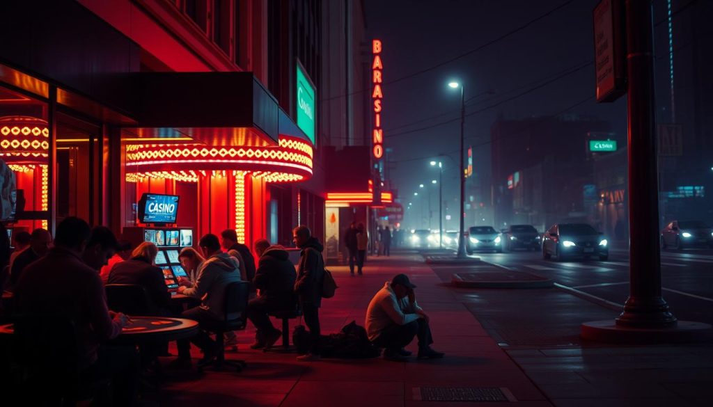 A dimly lit city street, neon lights casting an eerie glow on the sidewalk. In the foreground, a group of people huddled around a gambling table, their expressions conflicted as they watch the game unfold. The middle ground reveals the contrast between the lavish casino entrance and the homeless individual sitting on the curb, a stark reminder of the social disparities gambling can create. The background is hazy, suggesting the pervasive and far-reaching impact of gambling on the community. The scene is charged with a sense of unease, capturing the complex social implications of the gambling industry. A dimly lit city street, neon lights casting an eerie glow on the sidewalk. In the foreground, a group of people huddled around a gambling table, their expressions conflicted as they watch the game unfold. The middle ground reveals the contrast between the lavish casino entrance and the homeless individual sitting on the curb, a stark reminder of the social disparities gambling can create. The background is hazy, suggesting the pervasive and far-reaching impact of gambling on the community. The scene is charged with a sense of unease, capturing the complex social implications of the gambling industry.