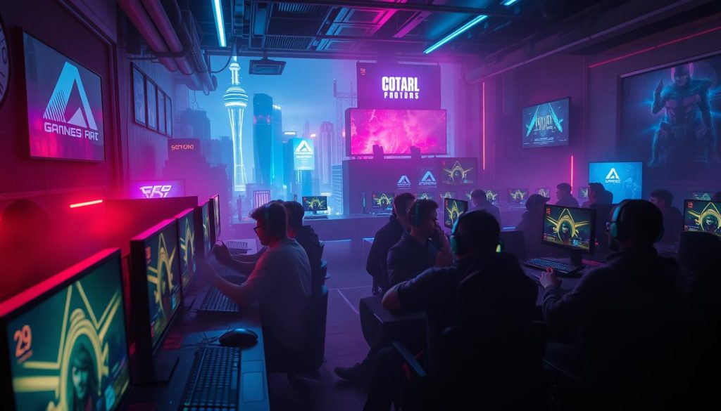 A dimly lit cyberpunk-inspired gaming lounge, with neon-accented gaming rigs and a hazy, atmospheric vibe. In the foreground, a group of gamers are engaged in an intense esports tournament, their faces illuminated by the glow of their screens. The middle ground features an array of high-end gaming peripherals and consoles, while the background showcases a futuristic cityscape with towering skyscrapers and holographic billboards. The lighting is a mix of warm and cool tones, creating a sense of technological advancement and visual intrigue. The overall mood evokes a sense of excitement, innovation, and the rising power of unsecured gaming in the year 2025. A dimly lit cyberpunk-inspired gaming lounge, with neon-accented gaming rigs and a hazy, atmospheric vibe. In the foreground, a group of gamers are engaged in an intense esports tournament, their faces illuminated by the glow of their screens. The middle ground features an array of high-end gaming peripherals and consoles, while the background showcases a futuristic cityscape with towering skyscrapers and holographic billboards. The lighting is a mix of warm and cool tones, creating a sense of technological advancement and visual intrigue. The overall mood evokes a sense of excitement, innovation, and the rising power of unsecured gaming in the year 2025.