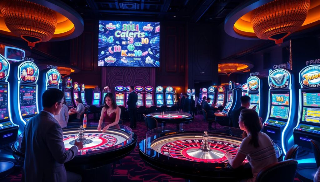 A dimly lit, luxurious casino interior with an array of interactive gaming stations. In the foreground, a group of patrons engaged in a high-stakes holographic roulette game, their faces lit by the mesmerizing glow of the table. In the middle ground, players navigate touchscreen blackjack and poker terminals, immersed in the thrill of skill-based gameplay. The background features a towering video wall displaying dazzling 3D slot machine animations, accompanied by the ambient sounds of chiming coins and applause. Soft, warm lighting casts a sophisticated ambiance, while the sleek, modern design and rich color palette evoke a sense of refined elegance. A dimly lit, luxurious casino interior with an array of interactive gaming stations. In the foreground, a group of patrons engaged in a high-stakes holographic roulette game, their faces lit by the mesmerizing glow of the table. In the middle ground, players navigate touchscreen blackjack and poker terminals, immersed in the thrill of skill-based gameplay. The background features a towering video wall displaying dazzling 3D slot machine animations, accompanied by the ambient sounds of chiming coins and applause. Soft, warm lighting casts a sophisticated ambiance, while the sleek, modern design and rich color palette evoke a sense of refined elegance.