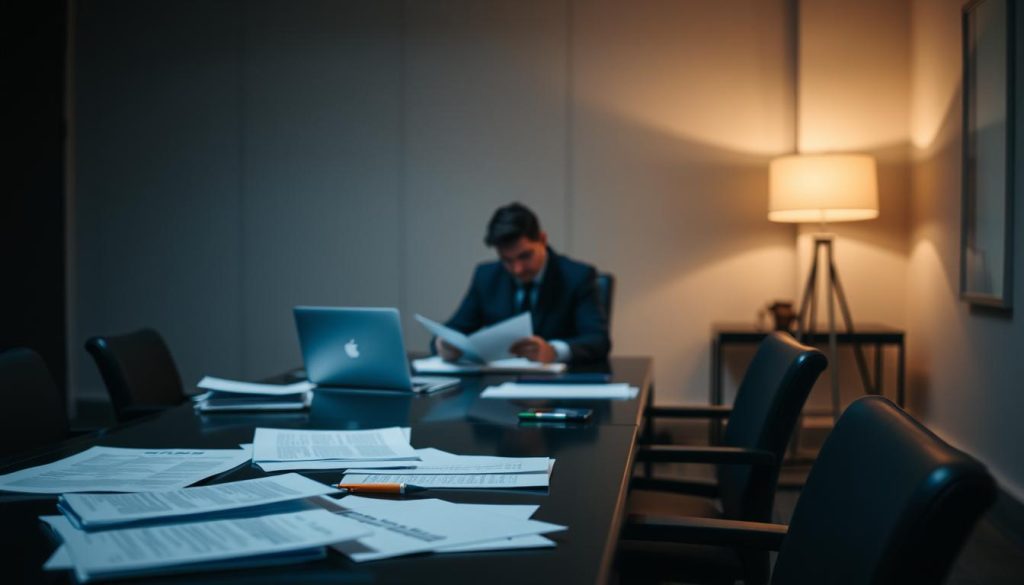 A dimly lit office interior, with a large desk and chairs in the foreground. On the desk, various documents, a laptop, and a few pens are arranged neatly. In the middle ground, a person in a suit is sitting at the desk, intently studying the paperwork. The background is softly blurred, suggesting a serene and contemplative atmosphere. Subtle lighting from a desk lamp casts a warm glow, creating a sense of focus and concentration. The overall scene conveys a professional, strategic approach to navigating the complexities of online lottery prize claims.
