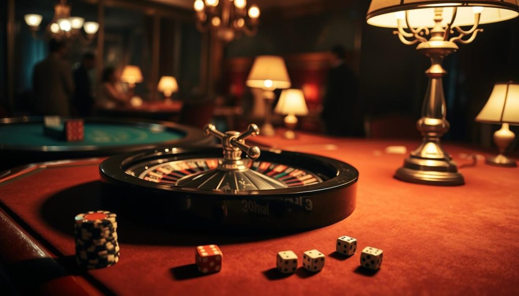 A dimly lit table in a cozy, old-fashioned casino, illuminated by the warm glow of table lamps. On the felt surface, a roulette wheel sits, its spokes and numbers casting intricate shadows. In the foreground, a stack of poker chips and a pair of dice, representing the house edge and the strategic decision-making involved in roulette gameplay. The background is hazy, with the faint outlines of other tables and the silhouettes of players, creating a sense of atmosphere and anticipation. The lighting is soft and moody, evoking the timeless allure of the casino environment. A dimly lit table in a cozy, old-fashioned casino, illuminated by the warm glow of table lamps. On the felt surface, a roulette wheel sits, its spokes and numbers casting intricate shadows. In the foreground, a stack of poker chips and a pair of dice, representing the house edge and the strategic decision-making involved in roulette gameplay. The background is hazy, with the faint outlines of other tables and the silhouettes of players, creating a sense of atmosphere and anticipation. The lighting is soft and moody, evoking the timeless allure of the casino environment.