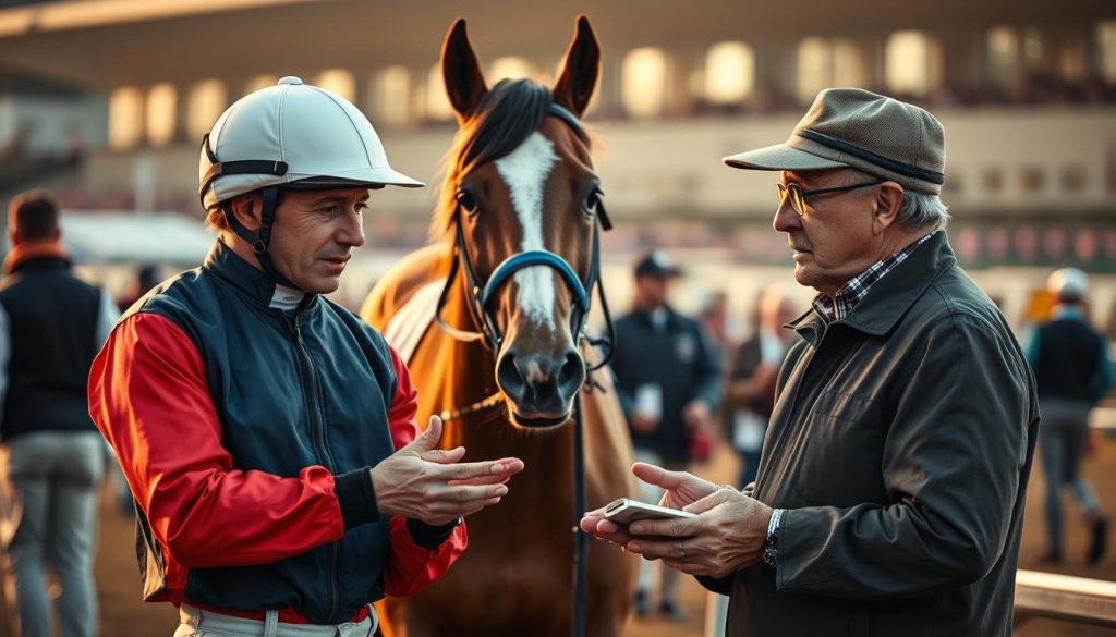 A dynamic duo of a seasoned jockey and a veteran trainer collaborate intently, their shared determination etched on their focused expressions. In the foreground, the jockey reviews race strategies with the trainer, their hands gesturing animatedly as they discuss the upcoming race. The middle ground showcases the regal presence of a majestic thoroughbred, its powerful muscles coiled and ready. In the softly blurred background, the bustling energy of a racetrack unfolds, jockeys and trainers moving with a sense of purpose. Warm, golden lighting bathes the scene, conveying a palpable atmosphere of camaraderie, expertise, and the thrill of the sport. A dynamic duo of a seasoned jockey and a veteran trainer collaborate intently, their shared determination etched on their focused expressions. In the foreground, the jockey reviews race strategies with the trainer, their hands gesturing animatedly as they discuss the upcoming race. The middle ground showcases the regal presence of a majestic thoroughbred, its powerful muscles coiled and ready. In the softly blurred background, the bustling energy of a racetrack unfolds, jockeys and trainers moving with a sense of purpose. Warm, golden lighting bathes the scene, conveying a palpable atmosphere of camaraderie, expertise, and the thrill of the sport.