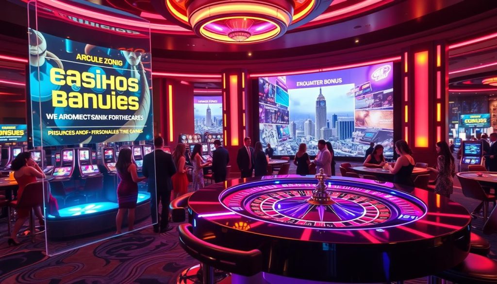 A futuristic casino interior bathed in neon light, with a holographic display showcasing enticing casino bonuses and promotions. In the foreground, a sleek and stylized roulette table surrounded by elegant guests immersed in an augmented reality gaming experience. The middle ground features a towering video wall displaying captivating visuals and personalized bonus offers, while the background reveals a panoramic view of a dynamic, high-tech cityscape outside the casino's expansive windows. The overall atmosphere exudes a sense of excitement, innovation, and the promise of rewarding experiences for the discerning casino patron of the future.