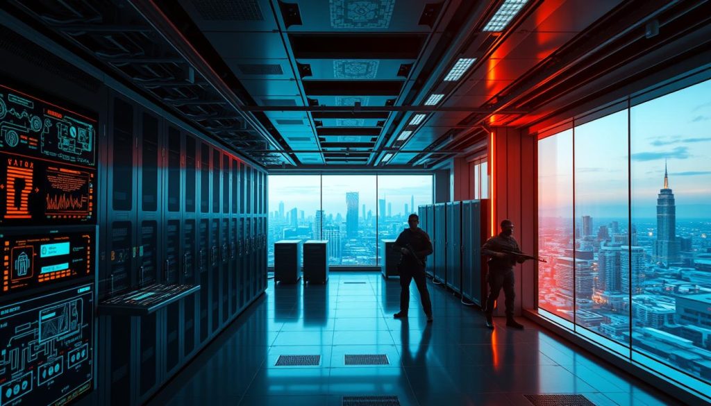 A futuristic data center with sleek, modern architecture, featuring a vast array of servers and storage arrays in a dimly lit, atmospheric environment. The foreground showcases a security console with biometric scanners, holographic displays, and intricate network diagrams, conveying the advanced data protection measures in place. The middle ground depicts rows of secure, encrypted data racks, guarded by armed security personnel in tactical gear. In the background, a panoramic view of the city skyline is visible through large windows, emphasizing the importance of this facility in the world of online sportsbooking. The lighting is a combination of cool, blue-tinted overhead illumination and warm, amber accent lighting, creating a sense of tension and urgency. The overall mood is one of technological sophistication, vigilance, and the critical role of data security in the future of the sportsbooking industry. A futuristic data center with sleek, modern architecture, featuring a vast array of servers and storage arrays in a dimly lit, atmospheric environment. The foreground showcases a security console with biometric scanners, holographic displays, and intricate network diagrams, conveying the advanced data protection measures in place. The middle ground depicts rows of secure, encrypted data racks, guarded by armed security personnel in tactical gear. In the background, a panoramic view of the city skyline is visible through large windows, emphasizing the importance of this facility in the world of online sportsbooking. The lighting is a combination of cool, blue-tinted overhead illumination and warm, amber accent lighting, creating a sense of tension and urgency. The overall mood is one of technological sophistication, vigilance, and the critical role of data security in the future of the sportsbooking industry.