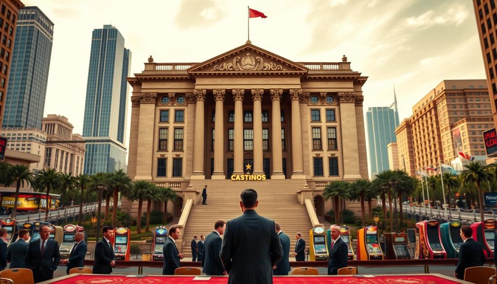 A grand, stately building with towering columns and ornate facades stands in the center, representing the authority and grandeur of casino regulation. In the foreground, a group of suited individuals, regulators, and casino executives, engaged in a meeting, symbolizing the oversight and decision-making process. The background features a cityscape, with skyscrapers and bustling streets, suggesting the broader economic and social impact of the gaming industry. The lighting is warm and inviting, creating a sense of professionalism and trust. The overall atmosphere conveys the importance of responsible and transparent casino regulation, ensuring the integrity and fairness of the gaming experience. A grand, stately building with towering columns and ornate facades stands in the center, representing the authority and grandeur of casino regulation. In the foreground, a group of suited individuals, regulators, and casino executives, engaged in a meeting, symbolizing the oversight and decision-making process. The background features a cityscape, with skyscrapers and bustling streets, suggesting the broader economic and social impact of the gaming industry. The lighting is warm and inviting, creating a sense of professionalism and trust. The overall atmosphere conveys the importance of responsible and transparent casino regulation, ensuring the integrity and fairness of the gaming experience.