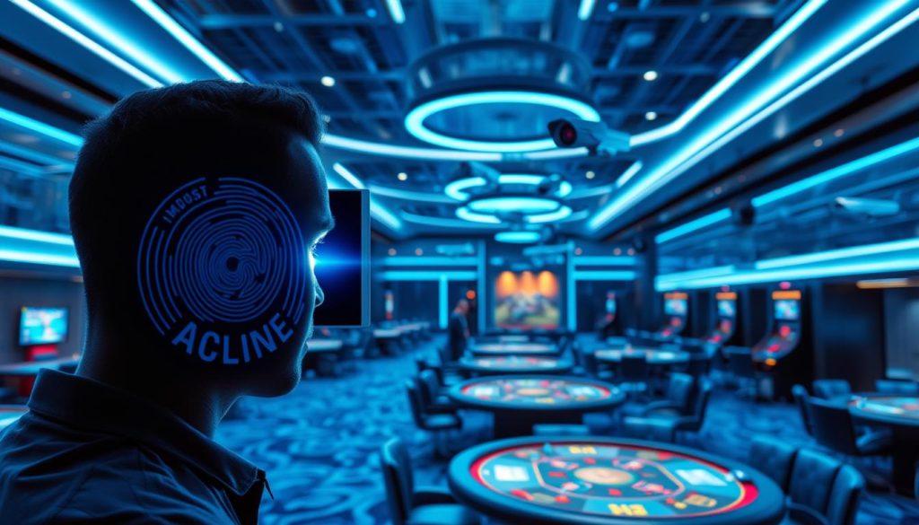 A high-security online casino lobby, bathed in a cool, blue-tinted lighting. In the foreground, a biometric security scanner scans a player's iris, verifying their identity. In the middle ground, security cameras discreetly monitor the gaming tables, their lenses capturing every move. The background features a sleek, minimalist design with state-of-the-art encryption and firewall systems, ensuring the casino's digital infrastructure is impenetrable. The overall atmosphere conveys a sense of technological sophistication and unwavering commitment to player safety and data protection.