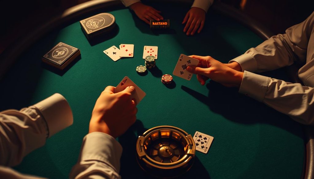 A high-stakes casino table, the felt surface a rich green. In the center, two hands of cards are dealt, the players' fingers hovering over their cards. On the table, poker chips, a deck of cards, and a classic casino ashtray. Warm, directional lighting casts dramatic shadows, creating a moody, atmospheric scene. The camera angle is slightly elevated, giving a bird's-eye view of the gameplay. The composition is balanced, with the players' hands and the table elements filling the frame. An air of concentration and anticipation pervades the scene, capturing the essence of the classic game of Blackjack.