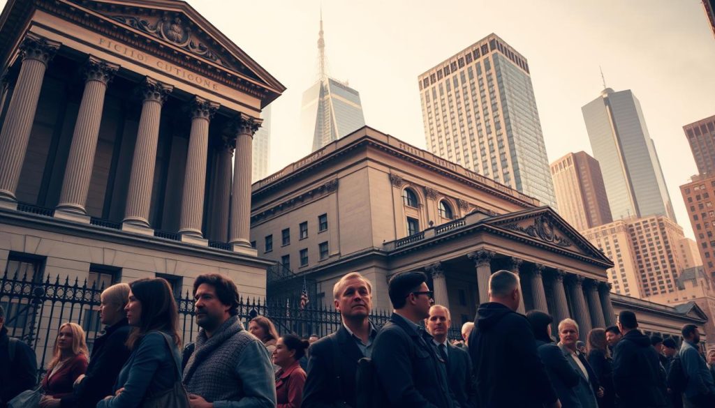 A large, ornate government building with imposing columns and arched windows stands prominently in the foreground, representing the authority and power of state gambling regulations. In the middle ground, citizens stand in line, some with worried expressions, symbolizing the public's interaction with the regulatory system. The background features a cityscape with tall skyscrapers, reflecting the complex urban landscape in which these regulations operate. The lighting is a warm, golden hue, conveying a sense of seriousness and importance. The camera angle is slightly low, emphasizing the grandeur and significance of the scene.