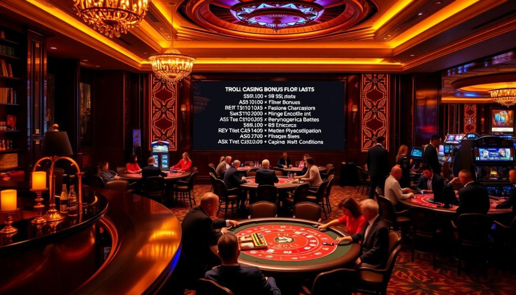 A lavish casino interior, with a dimly lit bar in the foreground, warm amber lighting casting a soft glow. In the middle ground, a high-roller table surrounded by well-dressed patrons, engaged in a game of chance. On the back wall, a large display showcases the casino's bonus offers, the text elegantly backlit, drawing the viewer's attention. The scene conveys a sense of luxury, excitement, and the allure of potential windfalls, setting the stage for the "Understanding Casino Bonus Terms and Conditions" section of the article.
