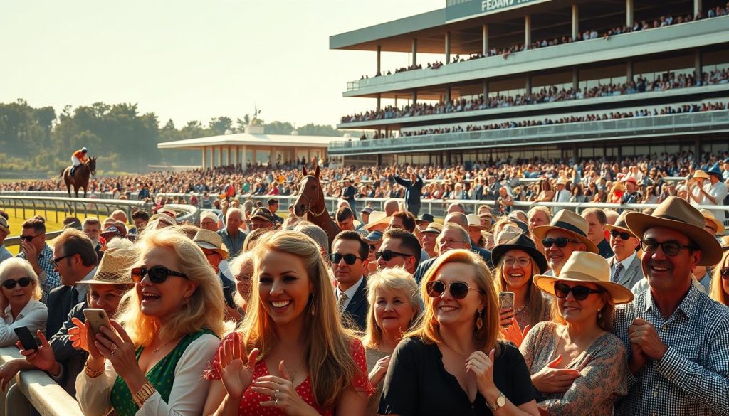 A lively scene of horse racing enthusiasts gathered at the track, their eyes fixed on the thundering hooves as the horses round the final bend. In the foreground, a group of avid fans cheer passionately, their faces aglow with excitement. The middle ground reveals a diverse crowd, some dressed in their finest attire, others sporting casual race day attire, all united in their love of the sport. In the background, the grandstand rises majestically, its timeless architecture a testament to the rich history of this beloved pastime. Warm, golden sunlight bathes the scene, creating a sense of energy and anticipation. The overall atmosphere conveys the unwavering dedication and deep-rooted connection these enthusiasts share with the thrilling world of horse racing. A lively scene of horse racing enthusiasts gathered at the track, their eyes fixed on the thundering hooves as the horses round the final bend. In the foreground, a group of avid fans cheer passionately, their faces aglow with excitement. The middle ground reveals a diverse crowd, some dressed in their finest attire, others sporting casual race day attire, all united in their love of the sport. In the background, the grandstand rises majestically, its timeless architecture a testament to the rich history of this beloved pastime. Warm, golden sunlight bathes the scene, creating a sense of energy and anticipation. The overall atmosphere conveys the unwavering dedication and deep-rooted connection these enthusiasts share with the thrilling world of horse racing.