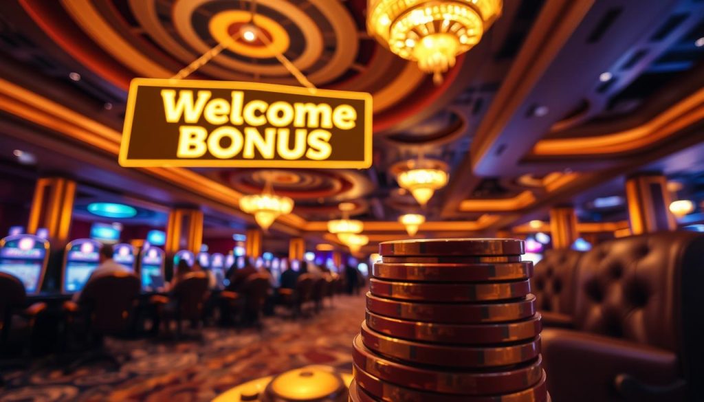 A lush, opulent casino interior with a gleaming, golden-themed welcome bonus sign suspended from the ceiling, casting a warm, inviting glow over the luxurious leather armchairs and plush carpets. In the foreground, a stack of shiny casino chips reflects the ambient lighting, while in the background, the silhouettes of guests can be seen enjoying the thrill of the games. The scene is captured with a wide-angle lens, emphasizing the grand scale and opulence of the casino setting, creating a sense of anticipation and excitement for the potential rewards of the welcome bonus offer.
