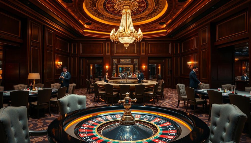 A luxurious casino interior with a dimly lit, sultry atmosphere. In the foreground, a elegant roulette table with plush, velvet-covered chairs arranged around it. Dealers in crisp, formal attire stand ready to assist high-roller players. In the middle ground, a bar with a gleaming, marble counter and a selection of premium liquors. Soft, golden lighting casts a warm glow throughout the space. In the background, a grand, ornate chandelier hangs from a high, ornate ceiling, surrounded by rich, mahogany paneling. Hints of exclusive, VIP-only areas can be seen through partially open doors.