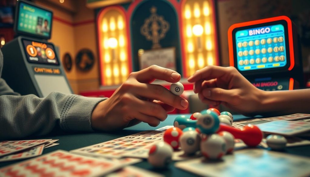 A meticulously detailed scene depicting the strategies and power-ups for playing multiple bingo cards simultaneously. In the foreground, various bingo cards and a digital bingo display showcase the mechanics of the game. In the middle ground, a player's hands operate an array of bingo dabbers, highlighting the dexterity required. The background features a softly lit, retro-inspired bingo hall setting, with atmospheric lighting and a sense of anticipation. The composition emphasizes the dynamic interplay between technology, skill, and the thrill of the game, conveying the essence of an intermediate online bingo player's experience.