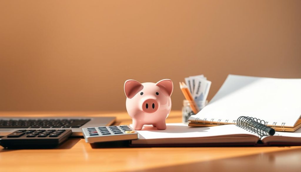 A minimalist desk setup with a laptop, a piggy bank, a calculator, and a notebook showcasing budget-related items. The lighting is warm and natural, creating a cozy and focused atmosphere. The background is blurred, emphasizing the key elements on the desk. A subtle gradient in the background adds depth and visual interest. The overall composition conveys a sense of organization, control, and financial responsibility, reflecting the "Slot Machine Tips for Budget Management" section of the article.