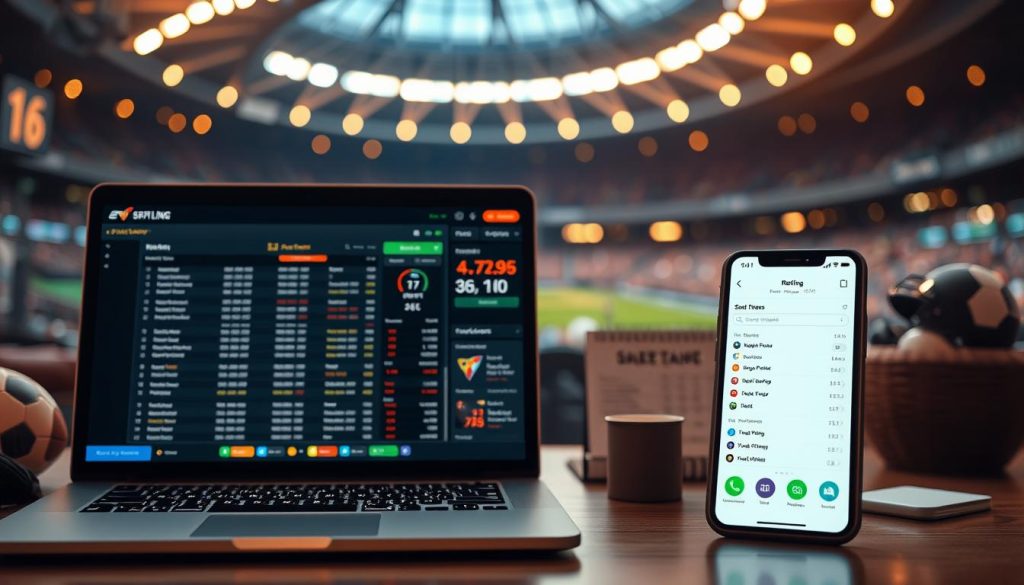 A modern, minimalist sports betting setup. In the foreground, a laptop and smartphone display betting odds and sports statistics, illuminated by warm, ambient lighting. The middle ground features sports memorabilia, a sports betting account dashboard, and a betting slip. The background showcases a blurred sports arena, capturing the excitement and energy of the game. The scene conveys a sense of anticipation, strategy, and the thrill of sports betting in the digital age.