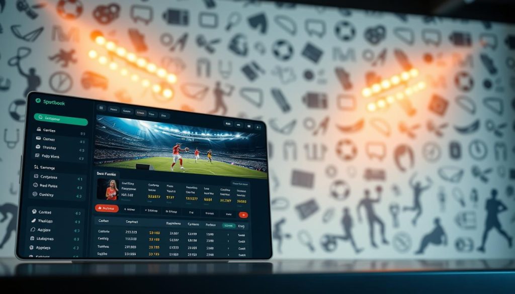 A modern, sleek sportsbook interface showcasing its best features. The foreground depicts a user-friendly dashboard with intuitive navigation, live betting odds, and a clean layout emphasizing key information. The middle ground features large, high-definition sports event visuals, drawing the eye and creating an immersive experience. In the background, a subtle pattern of sports equipment and stadium silhouettes creates a sense of energy and athleticism. The lighting is warm and natural, with a soft, inviting glow. The overall mood is one of sophistication, accessibility, and excitement, reflecting the ideal user experience for a cutting-edge sportsbook in 2025. A modern, sleek sportsbook interface showcasing its best features. The foreground depicts a user-friendly dashboard with intuitive navigation, live betting odds, and a clean layout emphasizing key information. The middle ground features large, high-definition sports event visuals, drawing the eye and creating an immersive experience. In the background, a subtle pattern of sports equipment and stadium silhouettes creates a sense of energy and athleticism. The lighting is warm and natural, with a soft, inviting glow. The overall mood is one of sophistication, accessibility, and excitement, reflecting the ideal user experience for a cutting-edge sportsbook in 2025.