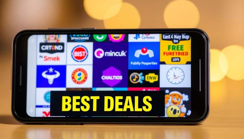 A modern smartphone screen displaying a collage of lottery app icons and advertisements, showcasing various deals and promotions. The foreground features a prominent "BEST DEALS" banner, drawing the viewer's attention. The middle ground highlights app logos, vibrant colors, and eye-catching graphics. The background blurs into a soft, gradient-based bokeh effect, creating a sense of depth and focus on the central elements. The lighting is warm and inviting, creating a polished, high-quality presentation that conveys the excitement and potential of finding the most advantageous lottery app offers.