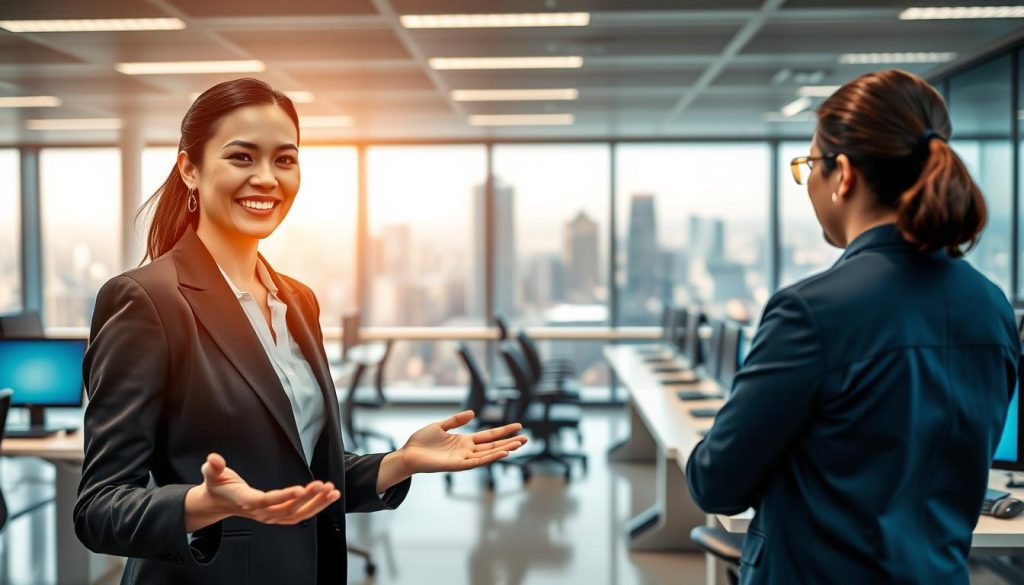 A modern, well-lit customer service center with a sleek, high-tech aesthetic. In the foreground, a customer service representative wearing a professional business attire smiles warmly and gestures with an open, welcoming posture as they assist a customer. The middle ground features rows of computer workstations and ergonomic chairs, creating an efficient and organized environment. The background showcases a large, panoramic window overlooking a vibrant cityscape, bathing the scene in natural light and conveying a sense of progress and innovation. The overall atmosphere is one of superior customer care, technological sophistication, and a commitment to excellence.