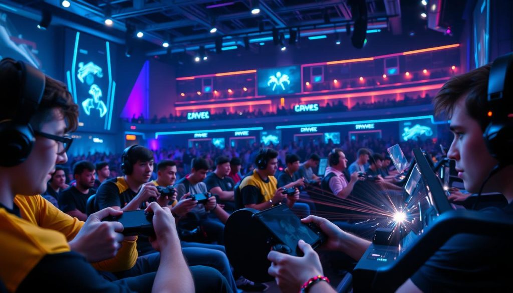 A neon-lit gaming arena, players intently focused on their screens, fingers dancing across controllers in a synchronized symphony of skill. In the foreground, a competitive esports match unfolds, the tension palpable as teams strategize and execute complex maneuvers. Strobe lights flash, highlighting the intense concentration on the players' faces. In the middle ground, spectators watch with rapt attention, the air charged with excitement. The background is a blur of futuristic architecture, holograms, and ambient tech lighting, creating a sleek, futuristic atmosphere. The scene conveys the thrill and intensity of skill-based gaming, where victory is earned through mastery, not chance.