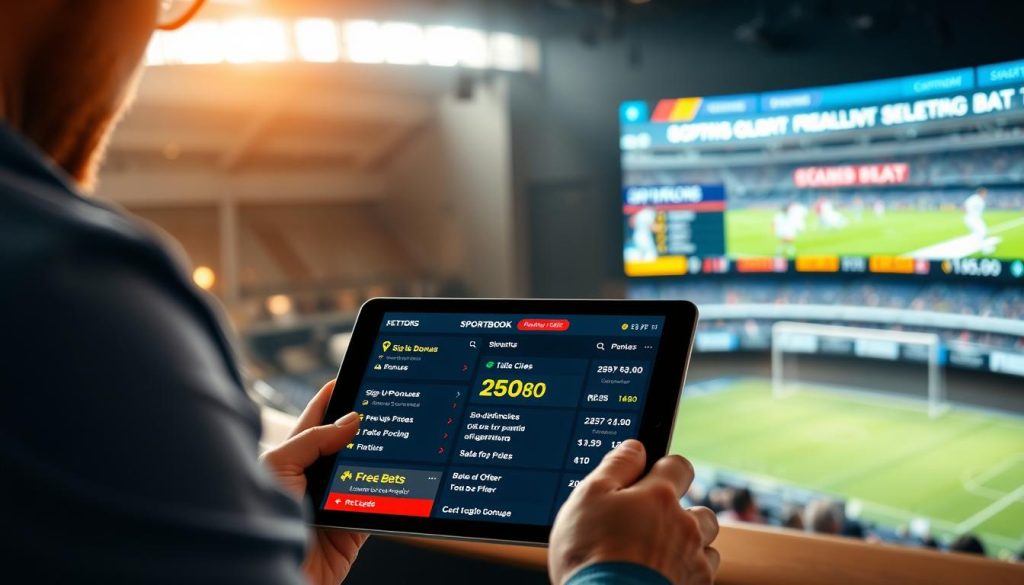 A pristine sportsbook interface with a vibrant array of bonus offers and promotions. In the foreground, a sports bettor examines a tablet displaying various sign-up bonuses, free bets, and reload offers. The middle ground features a sleek betting slip and odds board, while the background showcases a high-definition live game feed on a large, curved display. Warm, natural lighting accentuates the contemporary, user-friendly design. The overall atmosphere conveys a sense of excitement and anticipation for the advantageous sportsbook experience. A pristine sportsbook interface with a vibrant array of bonus offers and promotions. In the foreground, a sports bettor examines a tablet displaying various sign-up bonuses, free bets, and reload offers. The middle ground features a sleek betting slip and odds board, while the background showcases a high-definition live game feed on a large, curved display. Warm, natural lighting accentuates the contemporary, user-friendly design. The overall atmosphere conveys a sense of excitement and anticipation for the advantageous sportsbook experience.