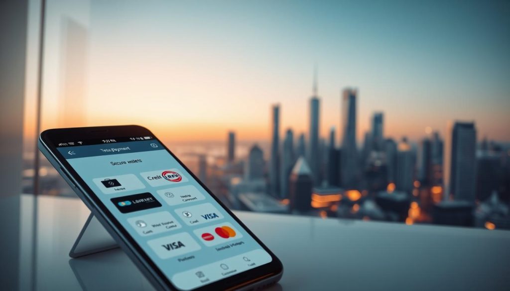 A pristine virtual workspace, bathed in a soft, warm glow of ambient lighting. In the foreground, a smartphone screen displays various secure online payment options - digital wallets, credit cards, and mobile banking interfaces. The middle ground features an elegant, minimalist lottery platform interface, with clean lines and intuitive navigation. In the background, a cityscape of modern skyscrapers and infrastructure, symbolizing the connection between technology, finance, and the promise of potential winnings. The overall mood is one of sophistication, security, and the seamless integration of digital services, inviting the viewer to explore the evolving landscape of online lottery payment methods.