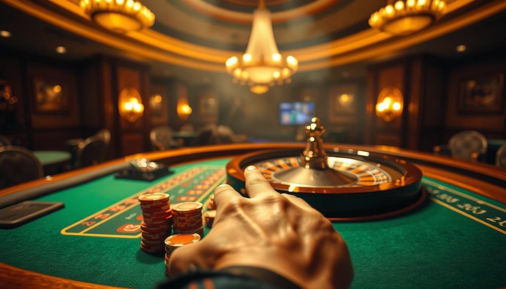 A realistic roulette table set against a dimly lit casino interior, with a focused spotlight illuminating the spinning wheel and betting area. The table surface is a rich green felt, with classic roulette chips and a well-worn, wooden frame. In the foreground, a hand delicately places a stack of betting chips, conveying a sense of calculated strategy. The background blurs into a hazy atmosphere, hinting at the thrill and tension of the game. Warm, golden tones create an inviting, high-stakes ambiance, while the camera angle suggests an intimate, immersive perspective, as if the viewer is the player themselves, contemplating the best approach.