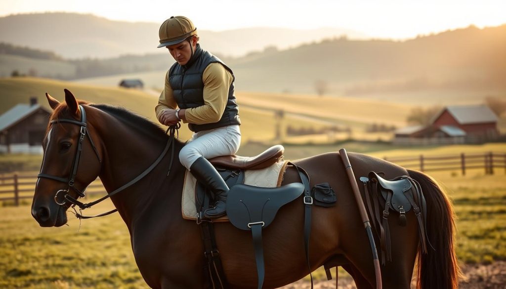 A serene countryside scene with rolling hills and a picturesque barn in the background. In the foreground, a jockey sits atop a sturdy racehorse, meticulously inspecting the saddle and reins. Beside them, an array of backup equipment is neatly arranged, including a spare saddle, reins, and a riding crop. The lighting is soft and warm, creating a sense of tranquility and preparedness. The jockey's expression is one of quiet focus, conveying a mindset of planning and adaptability. The overall composition evokes a sense of the jockey's diligence in anticipating potential challenges and having a well-thought-out backup plan to ensure a successful race. A serene countryside scene with rolling hills and a picturesque barn in the background. In the foreground, a jockey sits atop a sturdy racehorse, meticulously inspecting the saddle and reins. Beside them, an array of backup equipment is neatly arranged, including a spare saddle, reins, and a riding crop. The lighting is soft and warm, creating a sense of tranquility and preparedness. The jockey's expression is one of quiet focus, conveying a mindset of planning and adaptability. The overall composition evokes a sense of the jockey's diligence in anticipating potential challenges and having a well-thought-out backup plan to ensure a successful race.