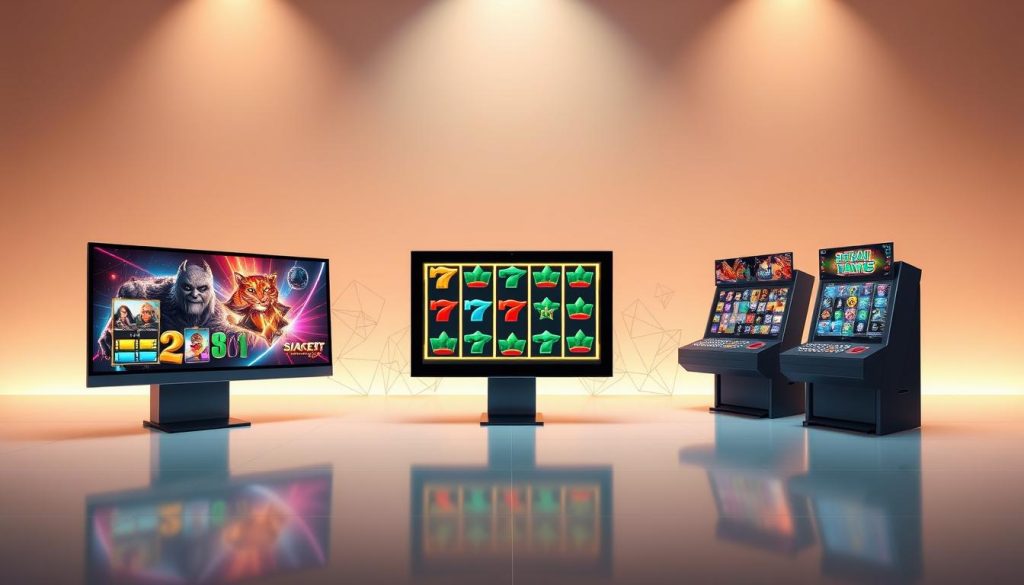A sleek and modern display showcasing a side-by-side comparison of online slot machine platforms. In the foreground, three high-resolution slot game screens are visible, each presenting different themes and gameplay mechanics. The middle ground features abstract polygonal shapes and wireframe elements, creating a futuristic and immersive atmosphere. In the background, a clean and minimalist backdrop with subtle gradient lighting casts a warm glow, highlighting the platforms' user interfaces and control panels. The overall composition conveys a sense of technological sophistication, highlighting the advanced features and visual appeal of the slot machine offerings across various online platforms.