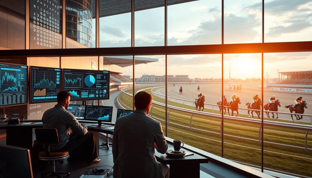 A sleek, high-tech horse racing command center, with a grand, glass-walled atrium overlooking a state-of-the-art racetrack. Intricate data visualizations and holographic displays showcase advanced analytics, offering seasoned bettors a comprehensive view of race dynamics. In the foreground, a team of expert analysts pore over complex algorithms, fine-tuning their predictive models. Soft, ambient lighting creates a sense of focus and concentration, while the background features a panoramic vista of the racetrack, where horses thunder past in a blur of power and grace. The overall atmosphere conveys the thrill and sophistication of modern, data-driven horse betting. A sleek, high-tech horse racing command center, with a grand, glass-walled atrium overlooking a state-of-the-art racetrack. Intricate data visualizations and holographic displays showcase advanced analytics, offering seasoned bettors a comprehensive view of race dynamics. In the foreground, a team of expert analysts pore over complex algorithms, fine-tuning their predictive models. Soft, ambient lighting creates a sense of focus and concentration, while the background features a panoramic vista of the racetrack, where horses thunder past in a blur of power and grace. The overall atmosphere conveys the thrill and sophistication of modern, data-driven horse betting.
