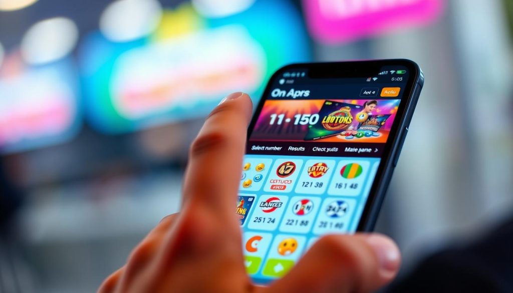 A smartphone screen displaying a lottery app interface, with vibrant colors and a sleek, modern design. The foreground features a hand tapping on the screen, guiding the user through the app's features - selecting numbers, checking results, and making payments. The middle ground showcases various lottery game options, while the background subtly blurs to focus attention on the interactive elements. The lighting is soft and natural, creating a sense of ease and accessibility. The overall atmosphere conveys the excitement and anticipation of playing the lottery on the go, with a touch of futuristic elegance. A smartphone screen displaying a lottery app interface, with vibrant colors and a sleek, modern design. The foreground features a hand tapping on the screen, guiding the user through the app's features - selecting numbers, checking results, and making payments. The middle ground showcases various lottery game options, while the background subtly blurs to focus attention on the interactive elements. The lighting is soft and natural, creating a sense of ease and accessibility. The overall atmosphere conveys the excitement and anticipation of playing the lottery on the go, with a touch of futuristic elegance.