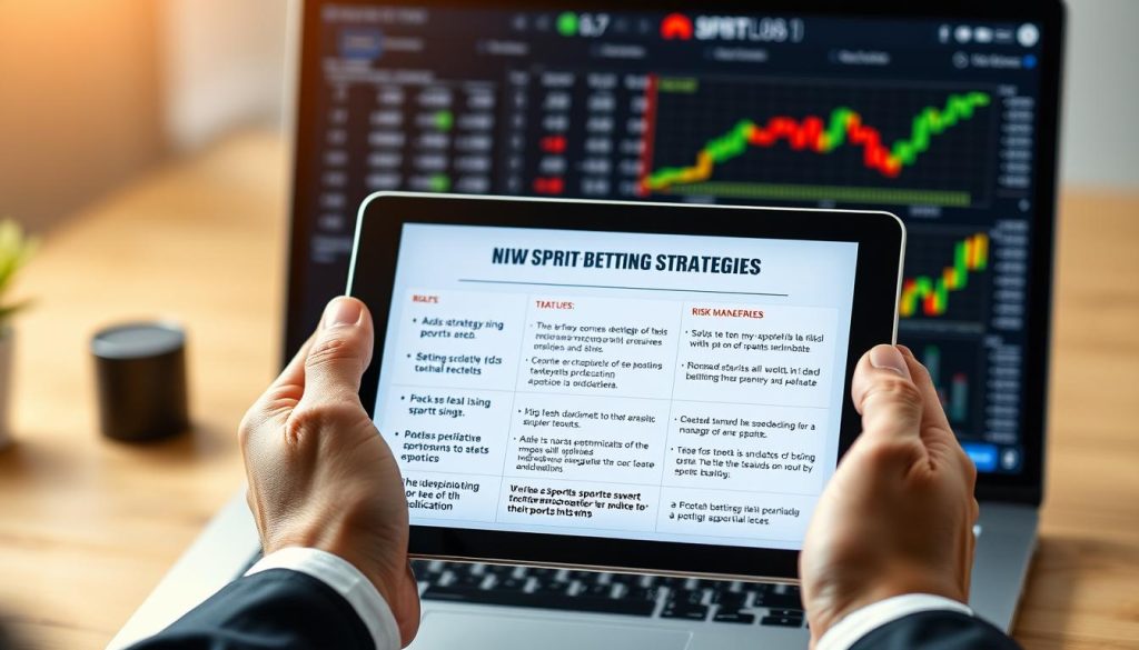 A sports betting strategies guide for newcomers, displayed on a modern digital tablet device. The tablet is held in the foreground by a well-dressed person's hands, against a blurred background of sports betting data and graphs on a laptop screen. Soft, directional lighting illuminates the scene, creating a professional, informative atmosphere. The tablet display shows a clean, minimalist design with clear explanations of different betting strategies, odds calculations, and risk management techniques. The overall mood is one of guidance and education, helping new bettors navigate the world of sports wagering.