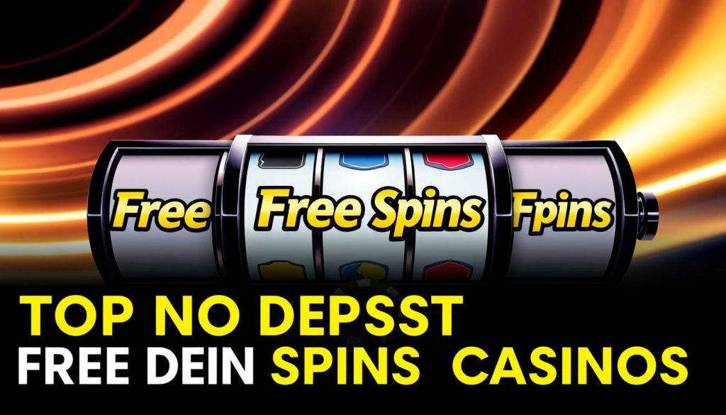 A stylish, high-contrast casino-themed image featuring five slot machine reels against a sleek, modern backdrop. The reels display the words "Free Spins" in a bold, eye-catching font, with no deposit icons and casino chips in the foreground. The background is a dynamic, gradient-based composition, creating a sense of depth and movement. The lighting is dramatic, with strong highlights and shadows that accentuate the three-dimensional quality of the scene. The overall mood is one of excitement and anticipation, capturing the essence of the "Top No Deposit Free Spins Casinos" theme.