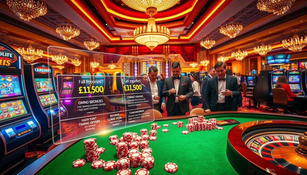 A vibrant casino lobby filled with shimmering slot machines, roulette tables, and poker chips scattered across a lush green felt surface. In the foreground, a holographic display showcases various casino bonus offers, their details illuminated in a mesmerizing array of colors. The middle ground features well-dressed patrons eagerly examining the bonuses, their expressions a mix of anticipation and excitement. In the background, the casino's grand architecture is bathed in a warm, inviting glow, creating an atmosphere of sophistication and opportunity. The scene is captured through a wide-angle lens, allowing the viewer to fully immerse themselves in the dynamic and alluring world of casino bonuses.
