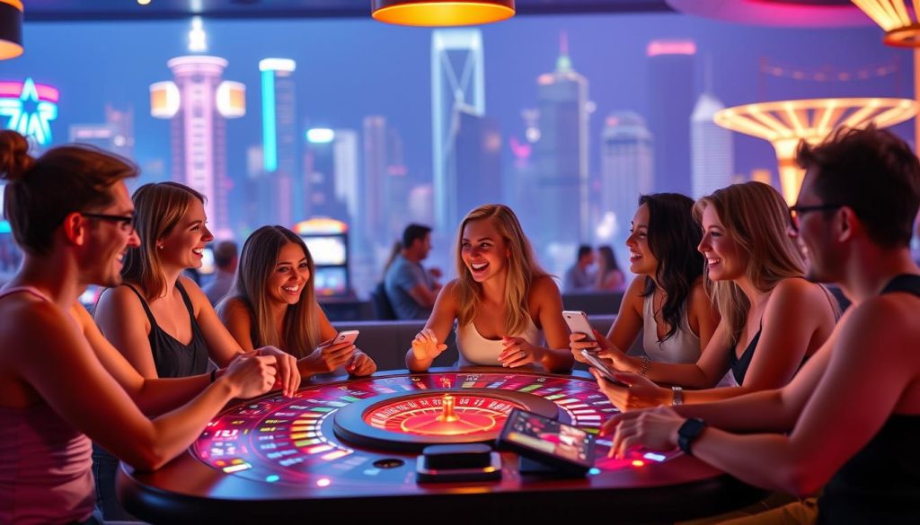 A vibrant digital community gathered around a virtual casino table, illuminated by warm lighting and sleek interfaces. In the foreground, friends laughing and chatting as they take turns spinning the reels, their avatars expressing a sense of shared excitement. The middle ground features a stylized online gaming lobby, with players seamlessly interacting across devices. In the background, a subtly pulsing neon cityscape sets the scene for this immersive social gaming experience, capturing the energy and connection of modern online slots.